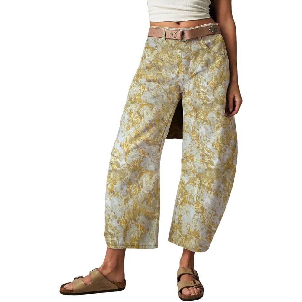 Women Baggy Jeans Mid Rise Wide Leg Patchwork Cartoon Denim Casual Pants